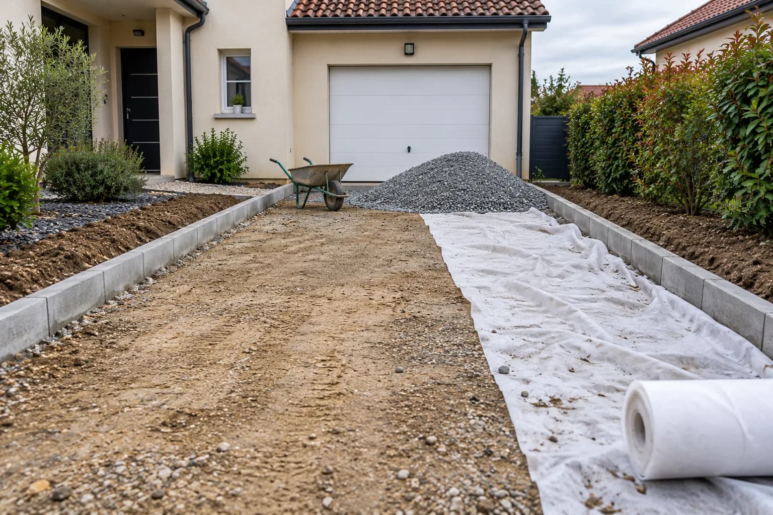 Illustration : allée décaissée devant un garage, bordures béton de chaque côté, géotextile en cours de déroulage, tas de grave et brouette au fond