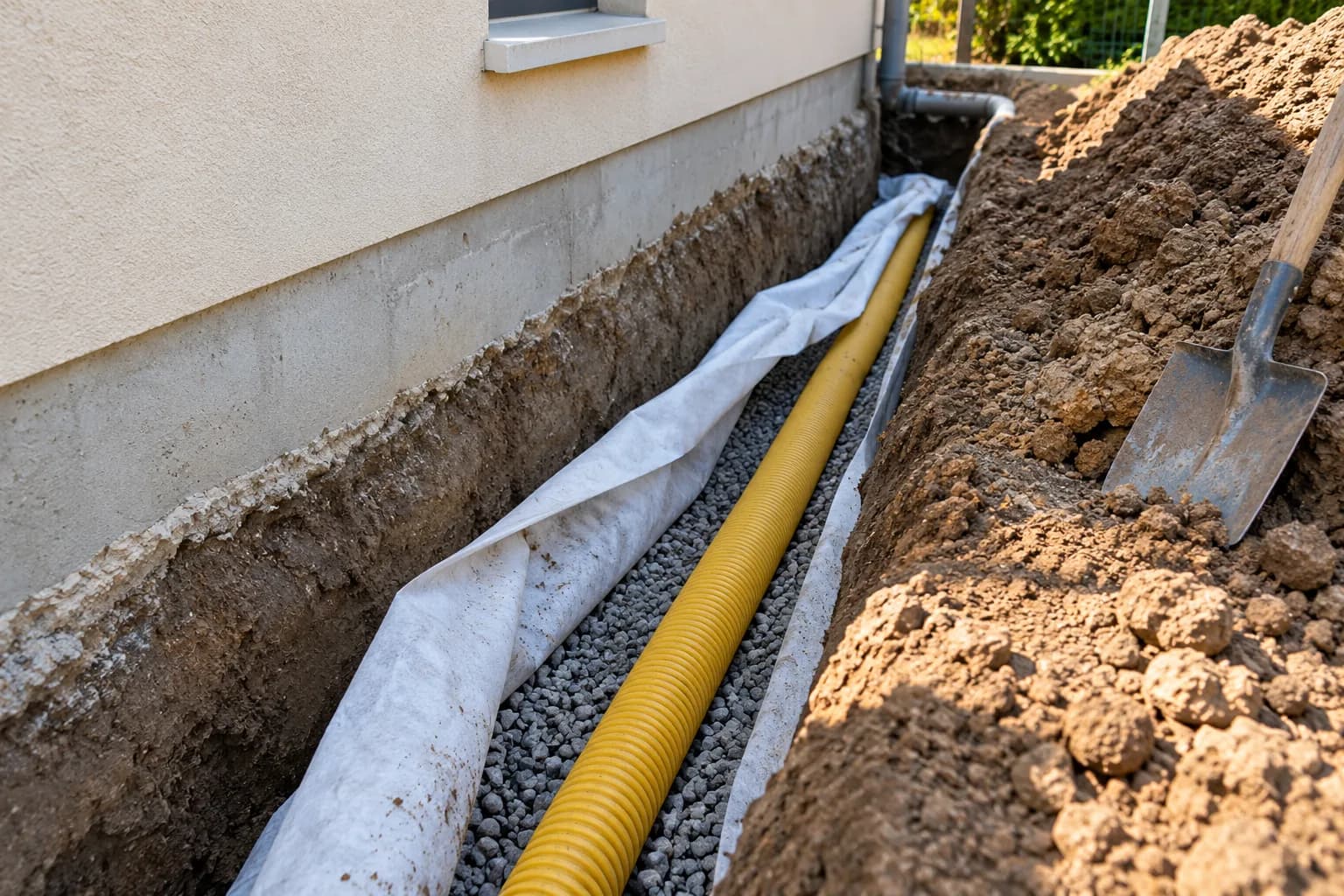 Illustration : tranchée le long des fondations d’une maison, drain jaune posé sur un lit de gravier, géotextile replié, terre en tas sur le bord