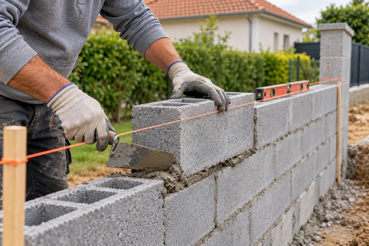 Illustration : mains gantées d’un maçon posant un bloc béton sur un lit de mortier, cordeau tendu et niveau posé sur le mur